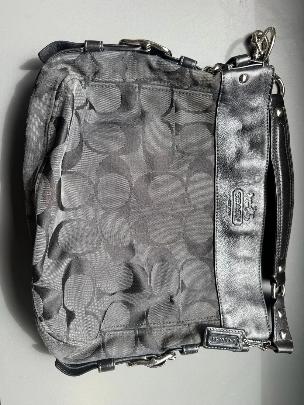 Coach Black Signature Jacquard Shoulder Bag with Leather Trim